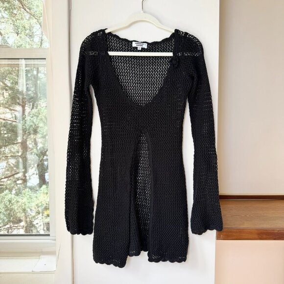 Frankies Bikinis Collette Crochet Tunic Dress Cover Up Linen Cotton Knit Black - Picture 5 of 12